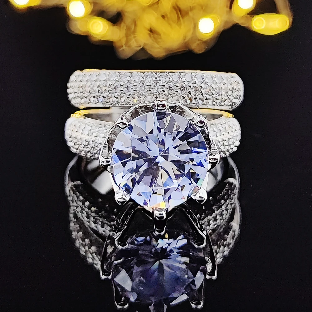Luxury 11mm Big Zircon Original 925 Sterling Silver Wedding Ring Set For Women Bride Engagement Jewelry Band Eternity Gift R4843