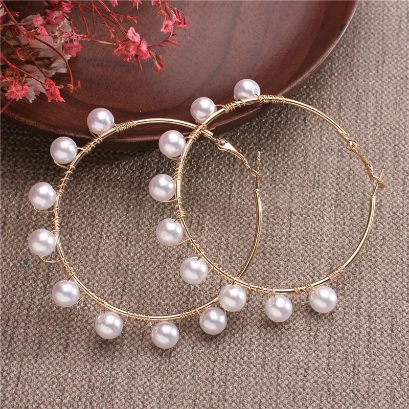 New Simple Big Pearl Earrings Ring Gold Metal Pearl Round Earrings Fashion Circle Statement Earrings for Women Party Jewelry