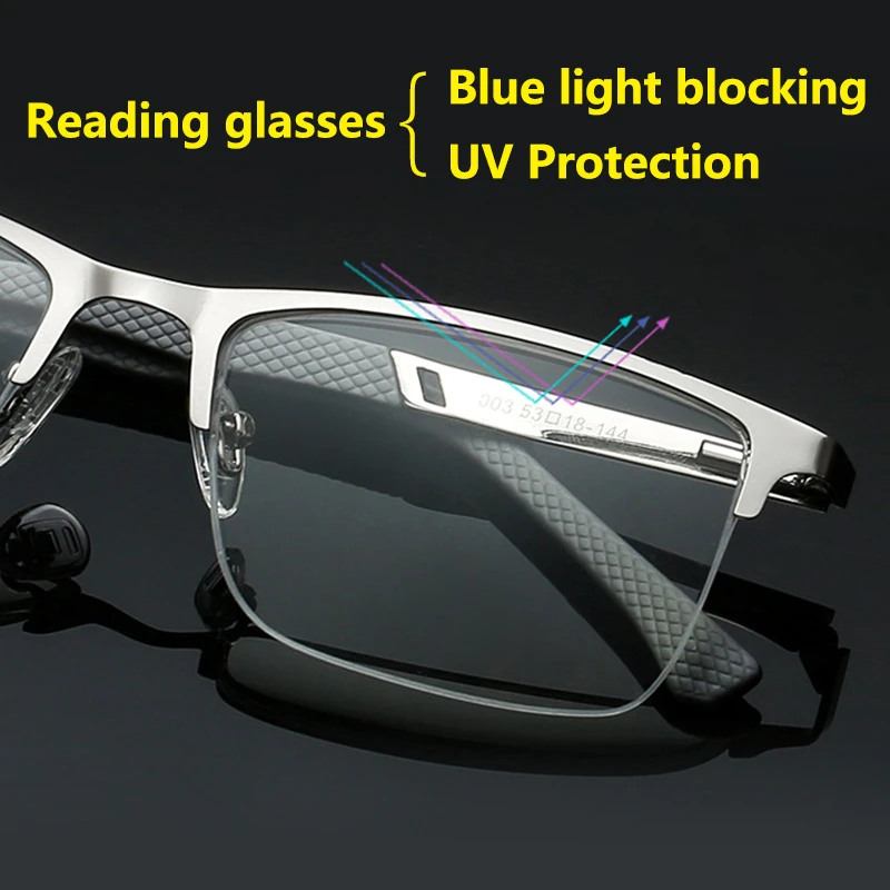 Ultra Light UV Protection Computer Reading Glasses Men Presbyopia Anti-blue Light Blocking Metal Half Frame Silver 1.5 2.5