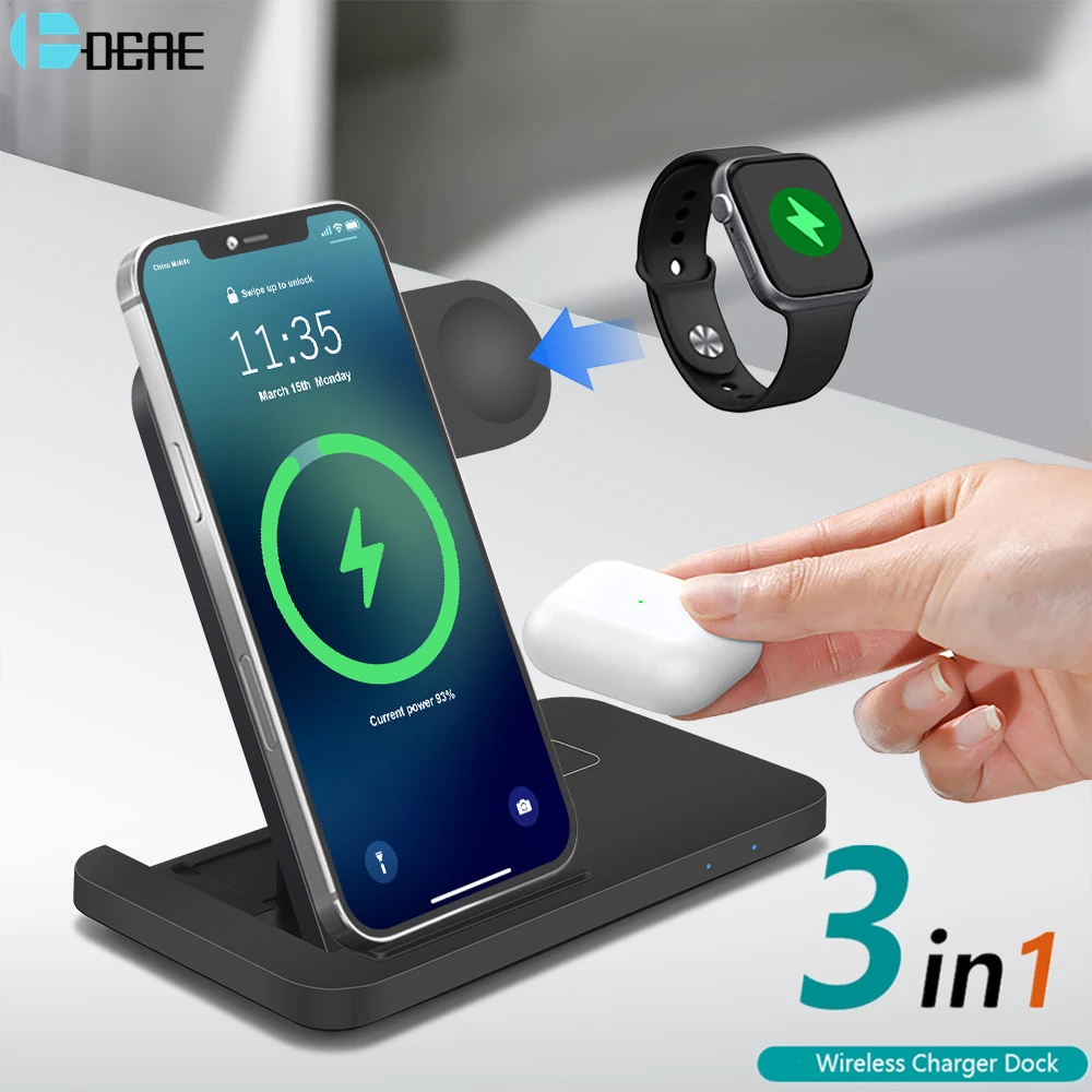 15W Qi Wireless Charger Stand for iPhone 13 12 11 XS XR X 8 3 in 1 Fast Charging Dock Station For Apple Watch 6 SE 5 AirPods Pro