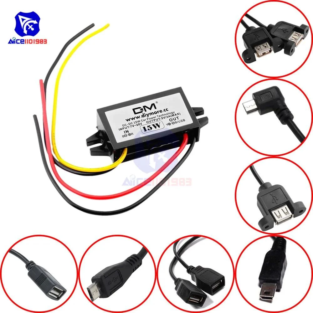 diymore DC-DC Step Down Buck Converter Power Supply Module 12V to 5V 3A 15W for Car Male Female USB Mini USB Micro USB Adapter