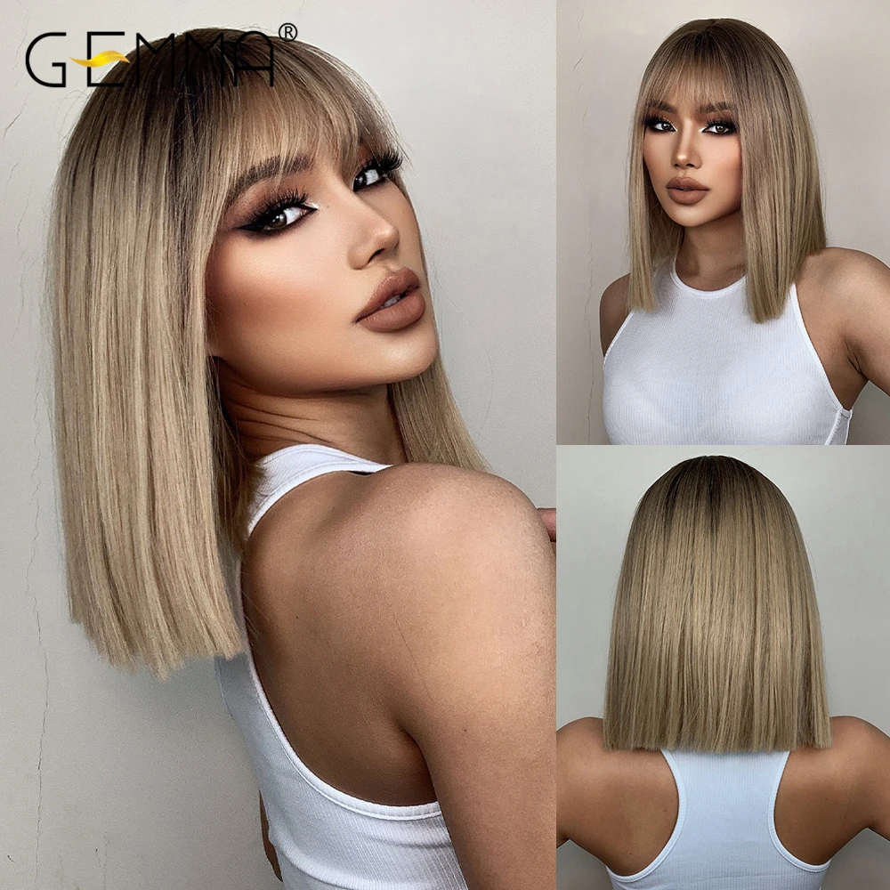 GEMMA Short Straight Mixed Brown Blonde Synthetic Wigs with Side Bangs for Women Daily Party Bob Hair High Tempearture Fiber