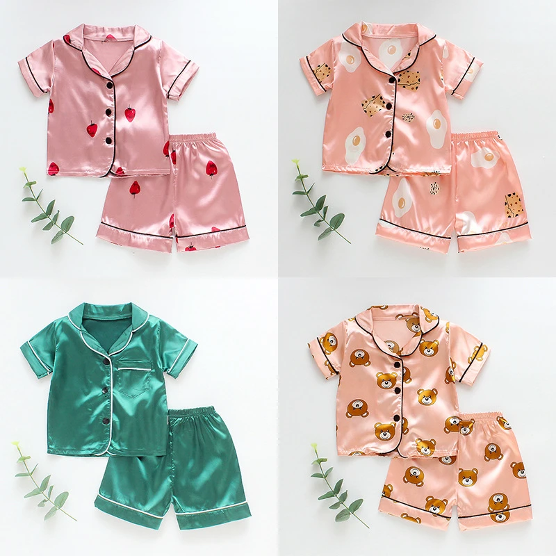 Girls Pajamas Set Summer Short Sleeve Children's Sleepwear Set Fake Silk Pajamas Boy Pyjamas Sets for Kids Home Wear Clothing