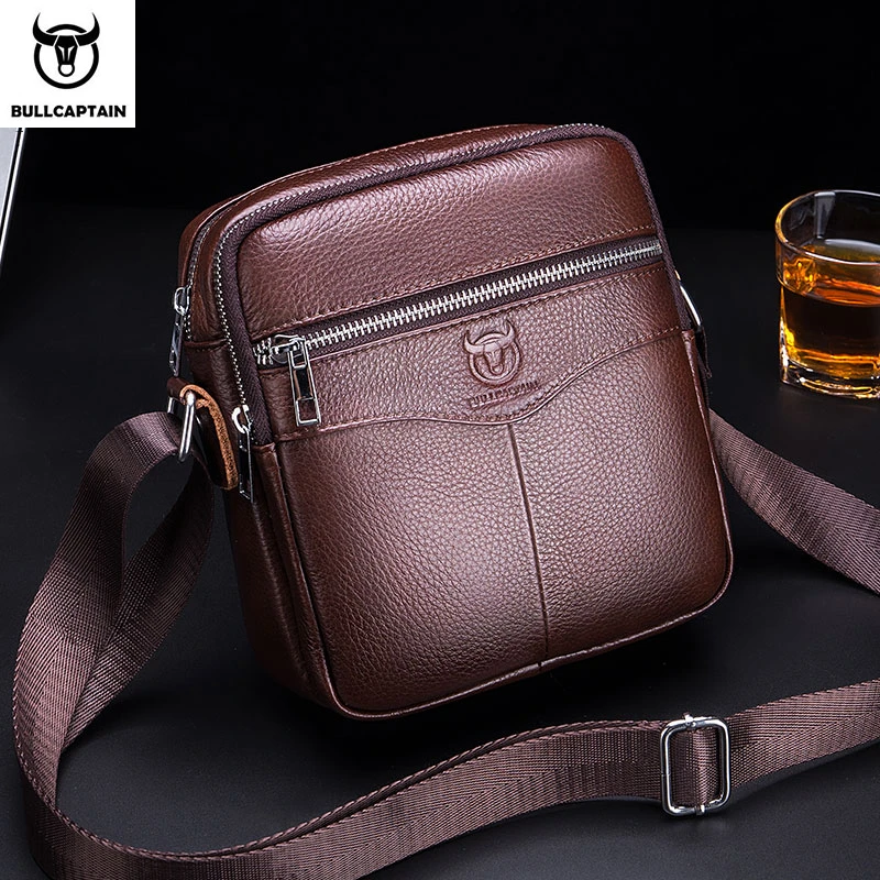 BULLCAPTAIN Casual Men's Messenger Shoulder bag High Quality Smooth Hardware Zipper Pocket Leather Shoulder Bag For Men