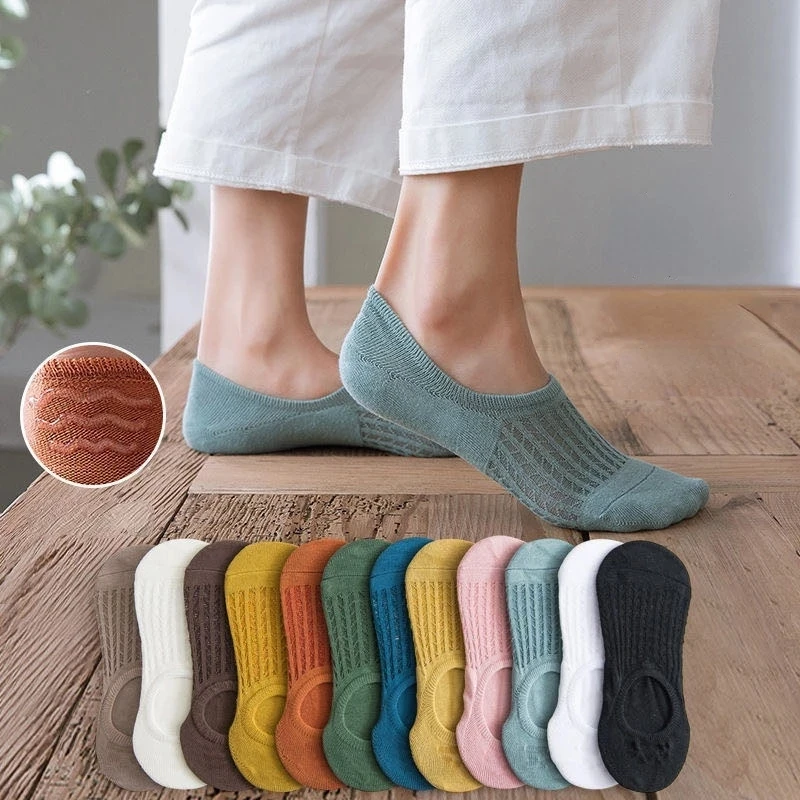 5 Pairs Women Non-slip Socks Invisible Summer Solid Color Mesh Ankle Boat Socks Silicone Female Cotton Slipper No Show Socks