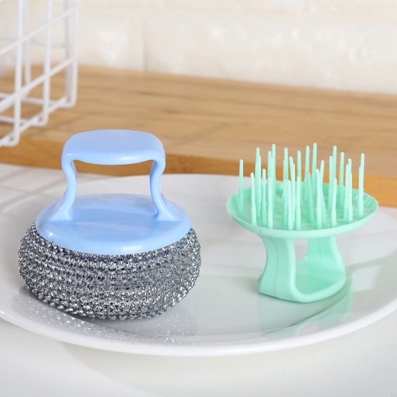 Wire Ball Brush With Long Handle Pan Cleaning Brush Dish Handle Washing Brush Stainless Steel Wire Ball Kitchen Cleaner