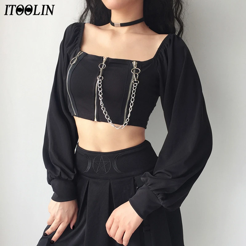 ITOOLIN Y2k Gothic Zipper Crop Top Women Sexy Off Shoulder Street T-shirts Clubwear Long Sleeve Tees Dark Black Vintage Clothes