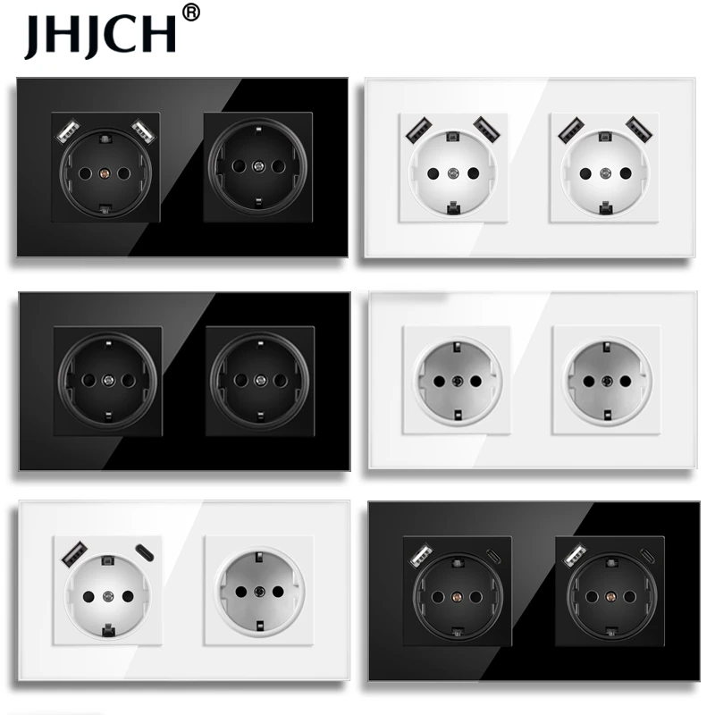 JHJCH European standard wall mounted power socket, crystal glass panel, German standard 2-hole 16A double grounding, 146 * 86mm