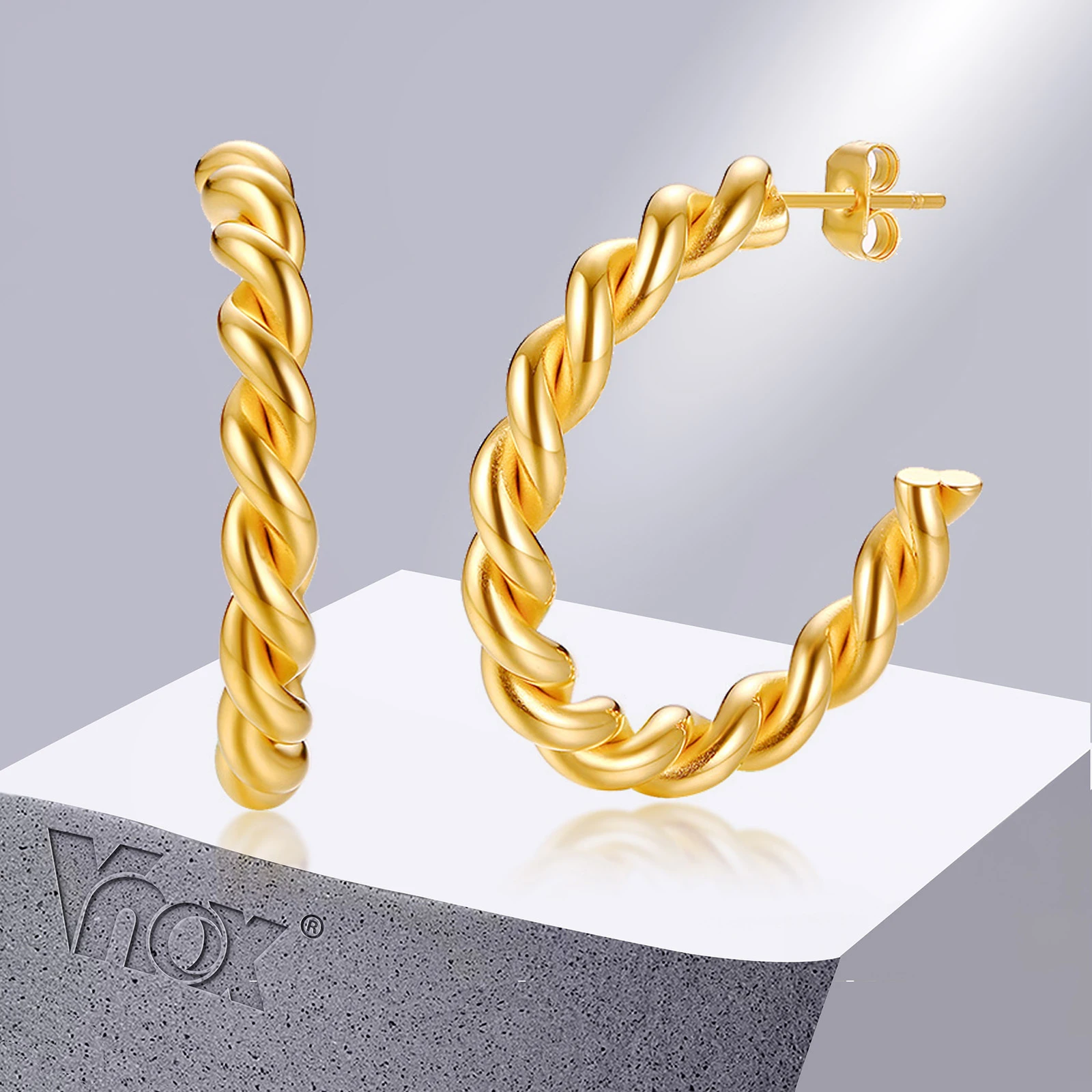 Vnox New Design Twisted Steel Hoop Earrings for Women Gold Tone Stainless Steel Party Circle Simple Earrings