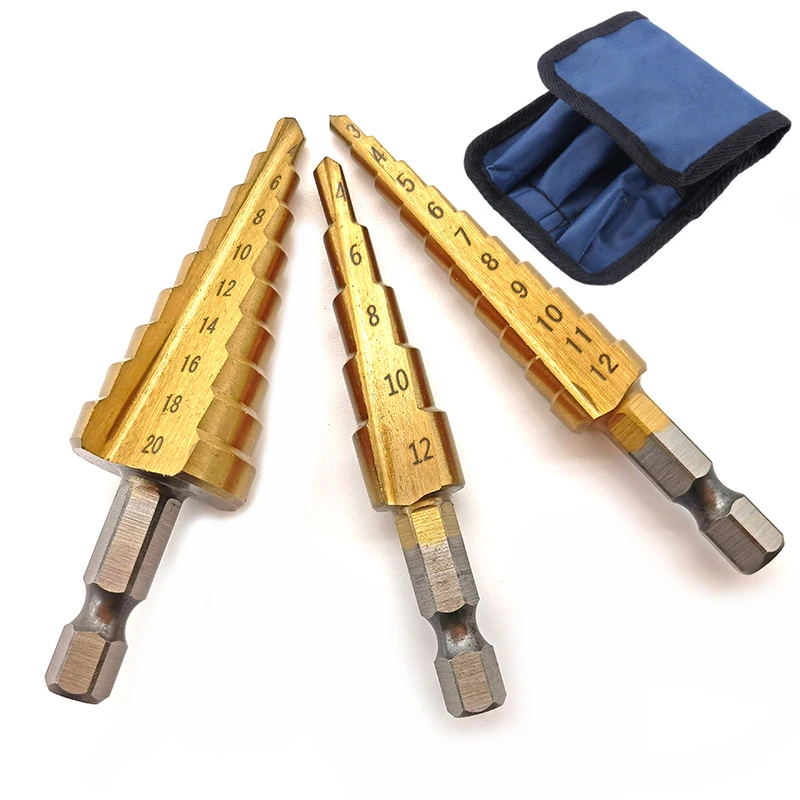 3Pcs 3-12mm/4-12mm/4-20mm HSS Straight Groove Step Drill Bit Titanium Coated Wood Metal Hole Cutter Core Cone Drilling Tools Set