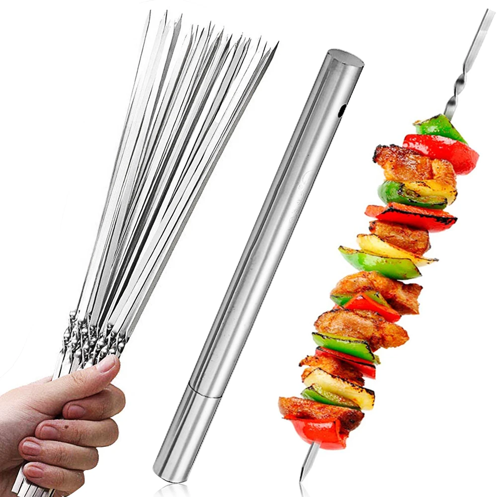 15pcs Reusable flat stainless steel barbecue skewers bbq Needle stick  For outdoor camping picnic tools cooking tools