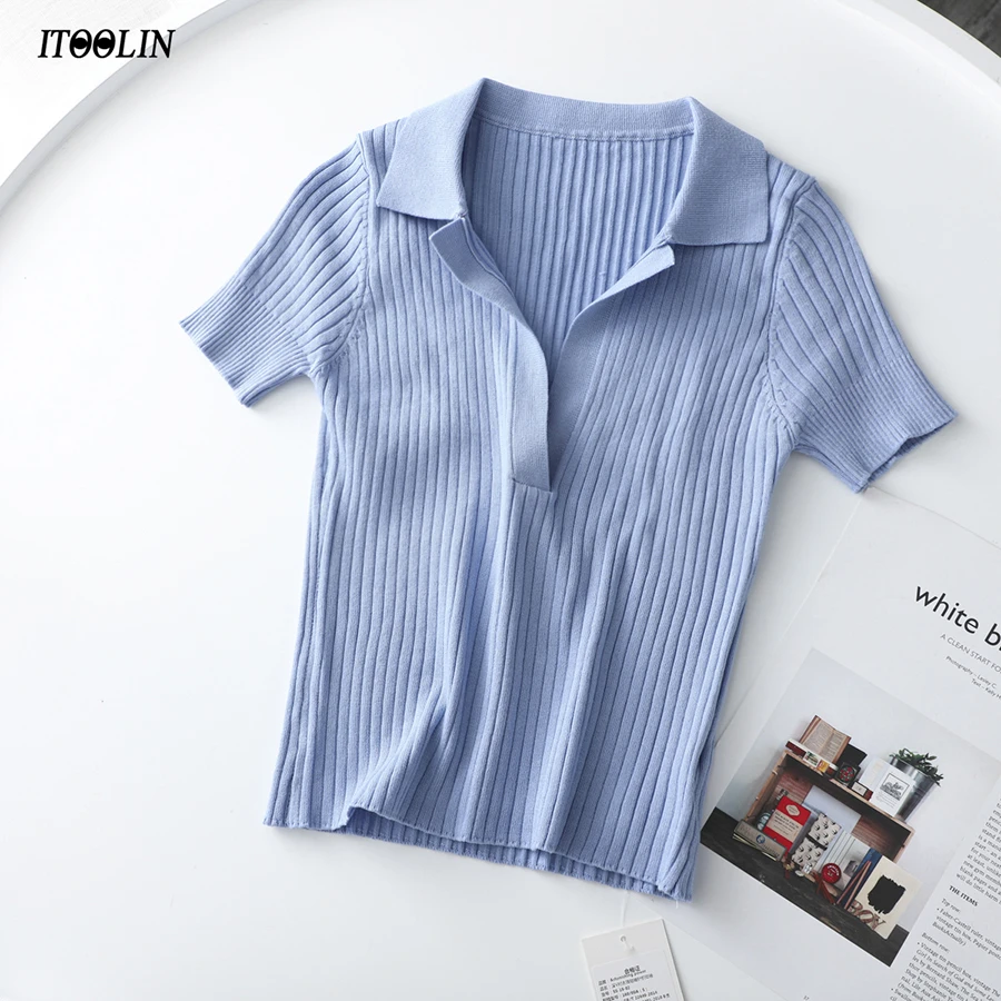 ITOOLIN Crop Top Female Polo Shirts Summer Short Sleeve T-shirt Women's Vintage Clothes Ribbed Solid Slim Knit Top Cropped Tees