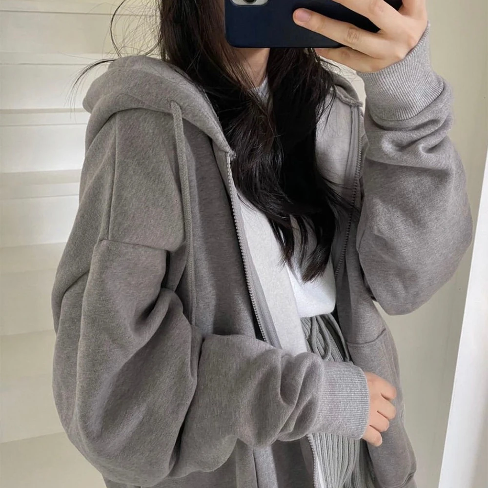 Women Hoodie Harajuku Korean Version Loose Oversized Sweatshirts Solid Color Long-sleeved Hooded Sweatshirt Student Girl Top