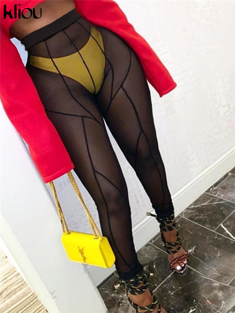 Kliou Mesh See Through Pants Women 2021 Hot Sexy High Waist Patchwork Sheer Leggings Body-shaping Baddie Style Skinny Trousers