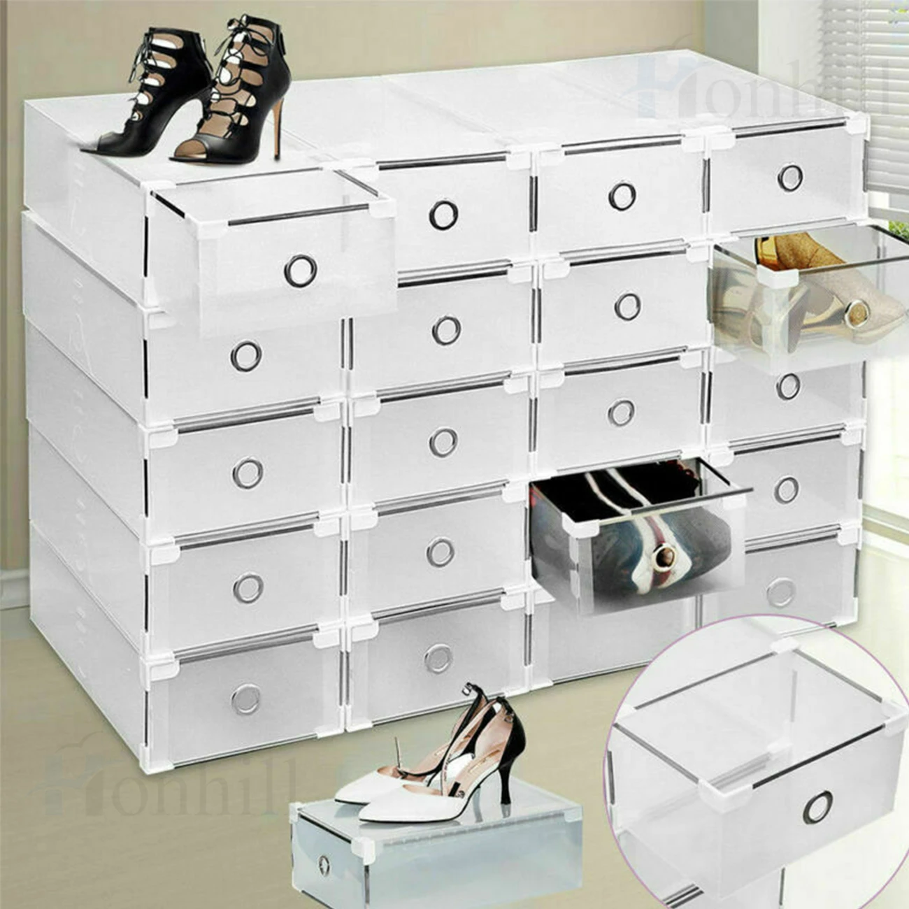 Honhill 20pcs Transparent shoe box storage shoe boxes dustproof shoes organizer box can be superimposed combination shoe cabinet