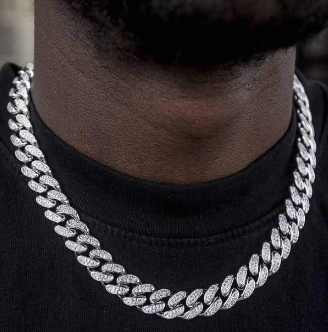 Iced Out Paved Rhinestones 1Set 13MM Gold Gold Full Miami Curb Cuban Chain CZ Bling Rapper Necklaces For Men Hip Hop Jewelry