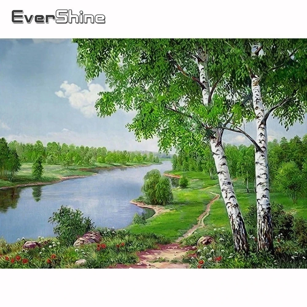 Evershine 5D Diamond DIY Mosaic Landscape Diamond Painting Birch Trees Full Set Diamond Embroidery River Pictures Of Rhinestone