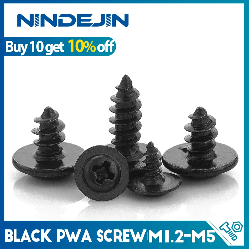 NINDEJIN Hardware Black Screw PWA Cross Round Head With Cushion Self-tapping Screw Pan Head M1.4 M1.7 M2 M2.3 M2.6 M3 M3.5 M4