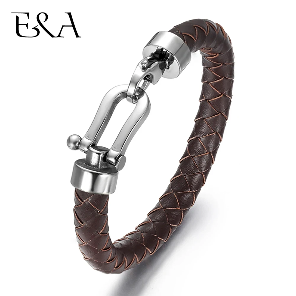 Men's Classic Bracelet Braided Genuine Leather with 316L Stainless Steel Horseshoe Lobster Clasp Handmade Fashion Men Jewelry