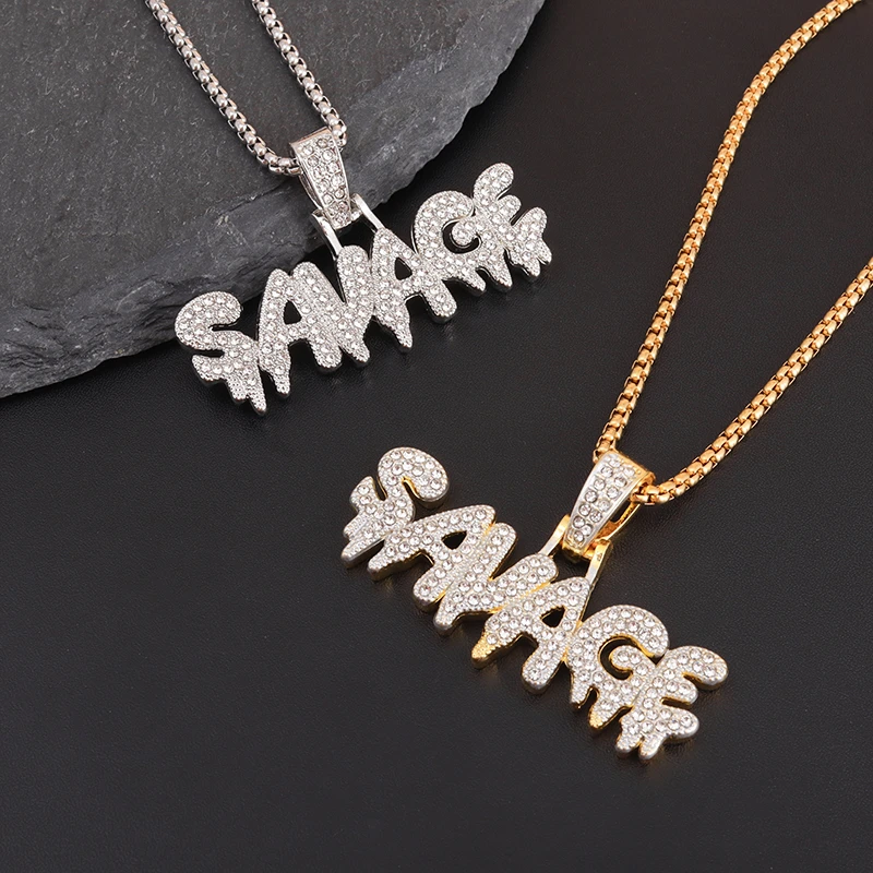 Savage Brass Gold Color Iced Out Micro Pave Cubic Zircon 24Inch Charm Letter Pendant Necklace for Men