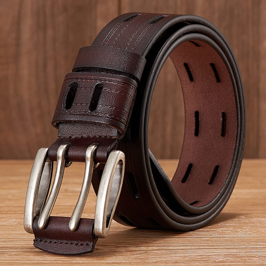 High Quality Genuine Leather Belts for Men Brand Strap Male Double Pin Buckle Fancy Vintage Jeans Cowboy Cintos