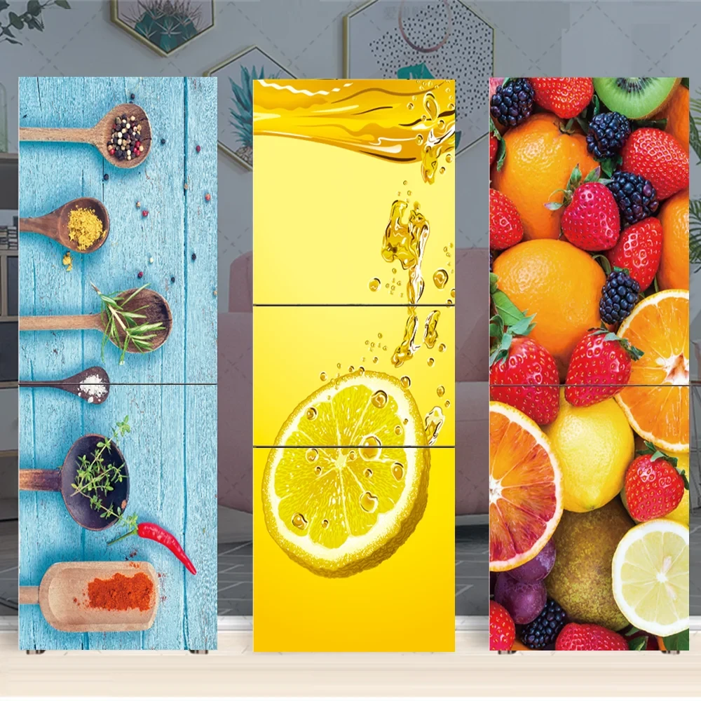 Kitchen Food Fruit Refrigerator Sticker Full Film Kitchenware Removable Renovation Freezer Door Cover Side Decoration Stickers
