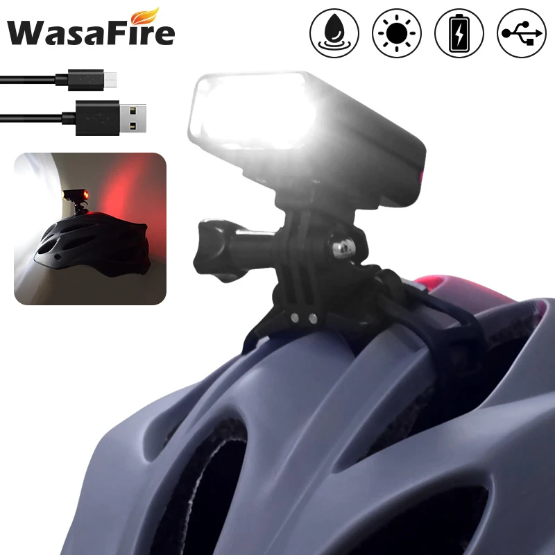 WasaFire Bike Helmet Light T6 LED Bicycel Front Light Taillight USB Rechargeable MTB Headlight 8 Modes Cycling Warning Rear Lamp