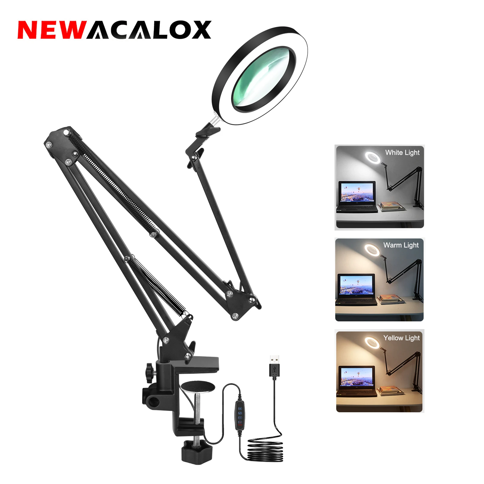 NEWACALOX 5X Illuminated Magnifier USB 3 Colors LED Magnifying Glass for Soldering Iron Repair/Table Lamp/Skincare Beauty Tool