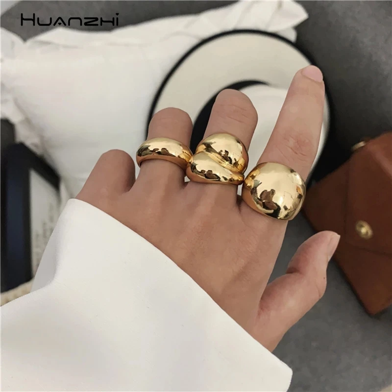HUANZHI 2020 Gold Color Silver Color Metal Minimalist Glossy Wide Open Rings Geometric Finger Rings for Women Men Jewelry