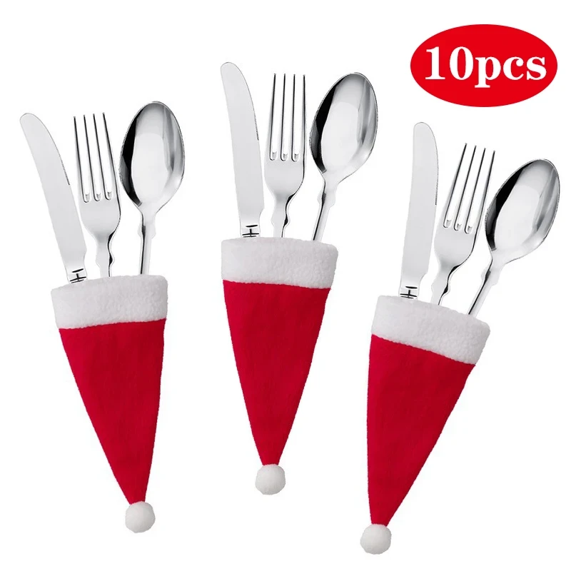 10pcs Christmas Decorations Kitchen Tableware Fork Knife Cutlery Holder Bag Pocket Xmas Spoon Bags Dinner Table Decor Ornament