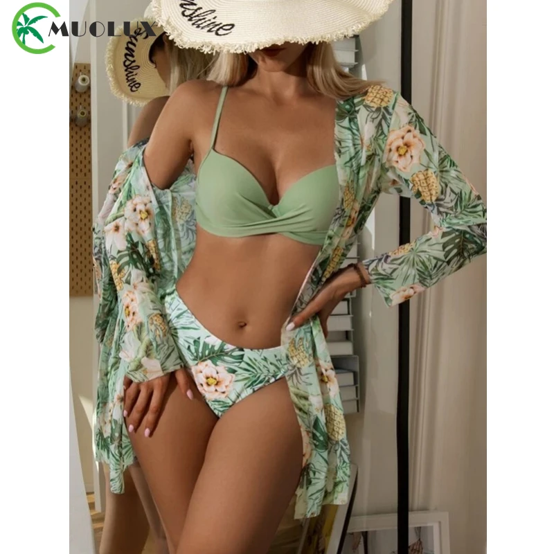 Sexy 3 Piece Bikini Set With Cover Up Beach Dress Tie Dye Push Up  Biquini Brazilian Swimwear Women Thong Bikinis 2021 Mujer