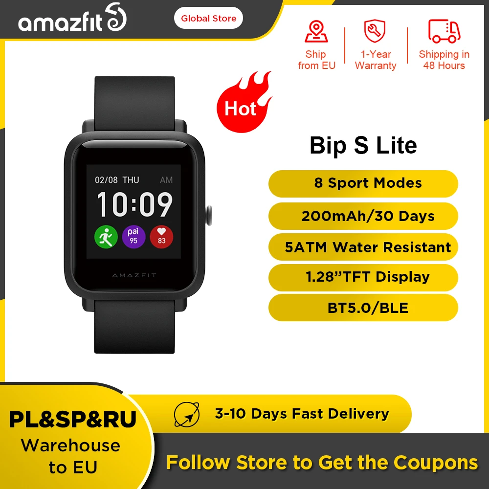 Original Amazfit Bip S Lite Smartwatch 5ATM Waterproof Swimming Color Display  Smart Watch 1.28inch For Android ios Phone