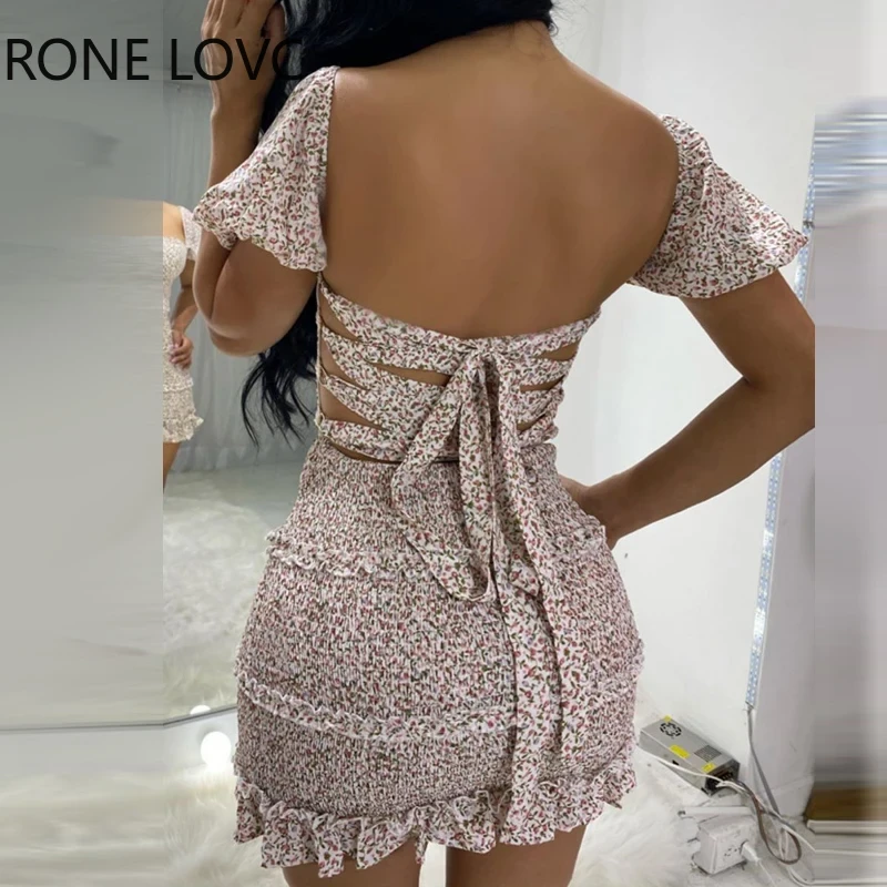 Women Floral Bandage Backless Frill Hem Shirring Design Casual Dress  Elegant Fashion Chic Dress