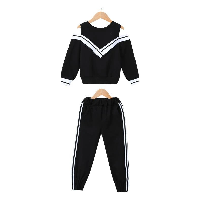 Fashion Big Girls Sports Suits Off Shoulder Black and White Clothing Set for Teenage Autumn Tracksuit Kids Plus Size Sportswear