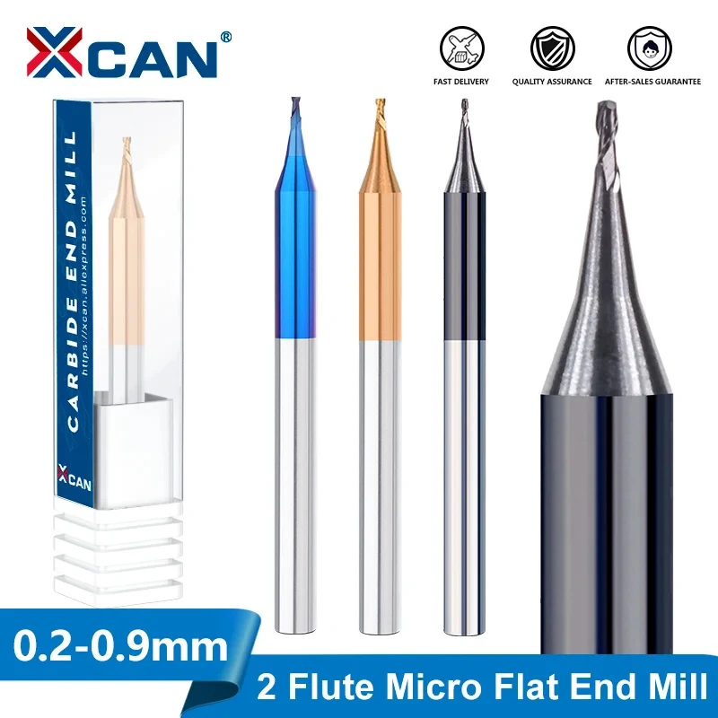 XCAN Milling Cutter 2 Flute Micro Flat End Mill 1pc 0.2-0.9mm 4mm Shank Tungsten Carbide CNC Router Bit TiCN Coated Milling Tool