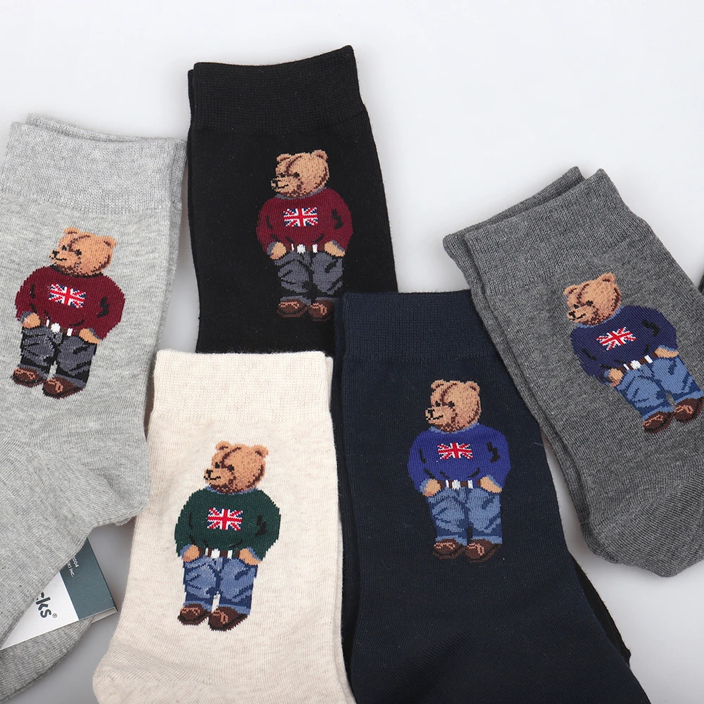 5Pairs Cartoon gentleman bear Men's Socks Cotton Harajuku Skateboard Socks winter warm Novelty Breathable Sox Christmas Gift