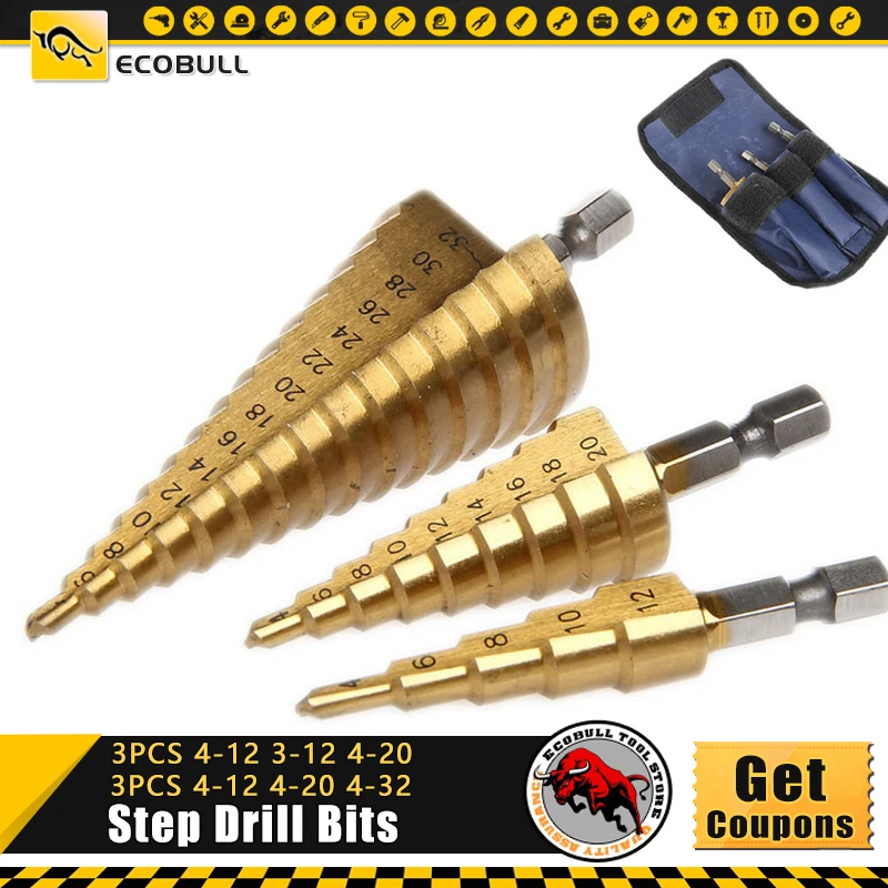 3pc Hss step drill bit set cone hole cutter Taper metric 4 - 12 / 20 / 32mm 1 / 4 