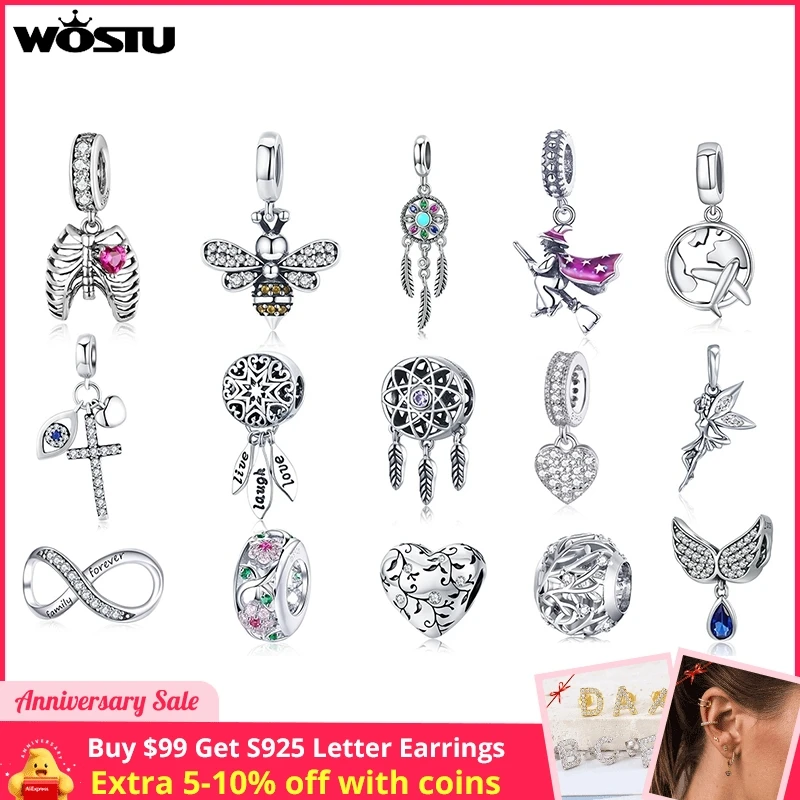 WOSTU 925 Sterling Silver Women Halloween Skull Cat Charm Pendant Heart Family Ladybug Beads Fit Original Bracelet DIY Jewelry