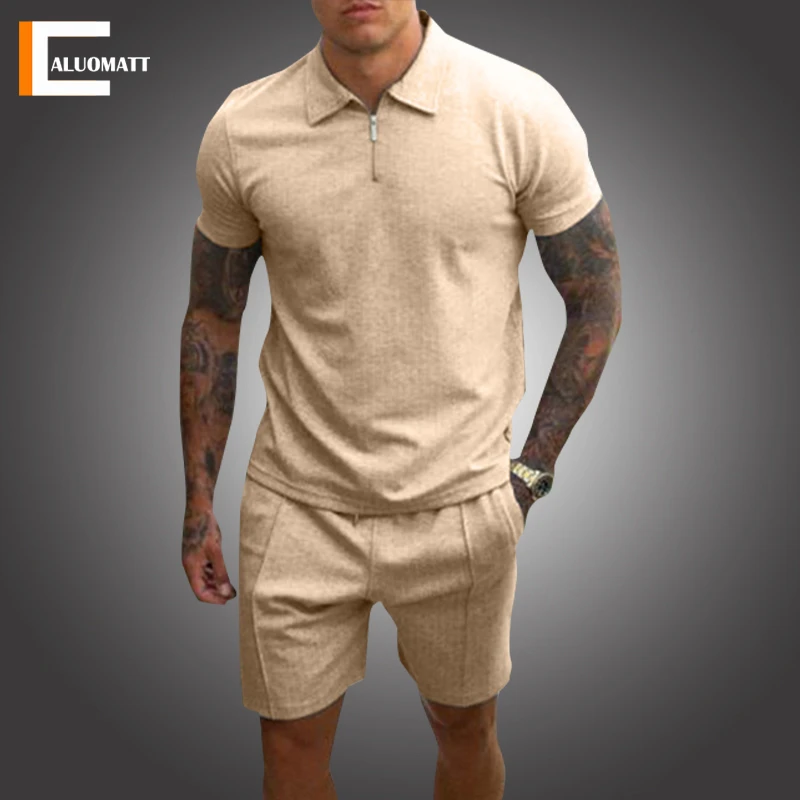 New Fashion Men's Sets 2 Piece Summer Tracksuit Male Casual Polo Shirt+short Fitness Jogging Breathable Sportswear Husband Set