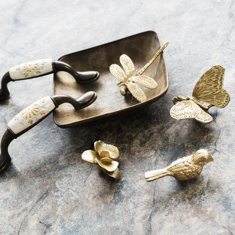 Retro Butterfly/Dragonfly/Orchid brass Handle Wardrobe Drawer Gold Cabinet Pulls copper handles for furnitur cupboard handles