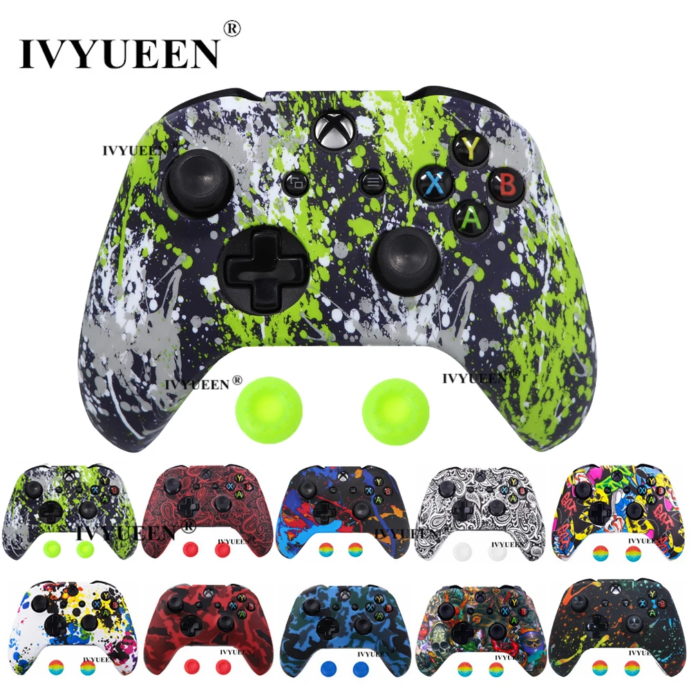 IVYUEEN 25 Colors  for Microsoft XBox 1 One X S Controller Silicone Protective Skin Case Water Transfer Printing Cover Grip Caps