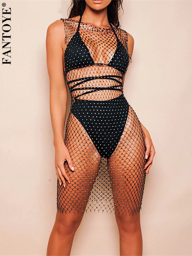 Fantoye Sexy Crystal Diamond Dress Women Hollow Out Rhinestone Bodycon Dress Summer Fishnet Mesh Beach Wear 2021 Party Vestidos