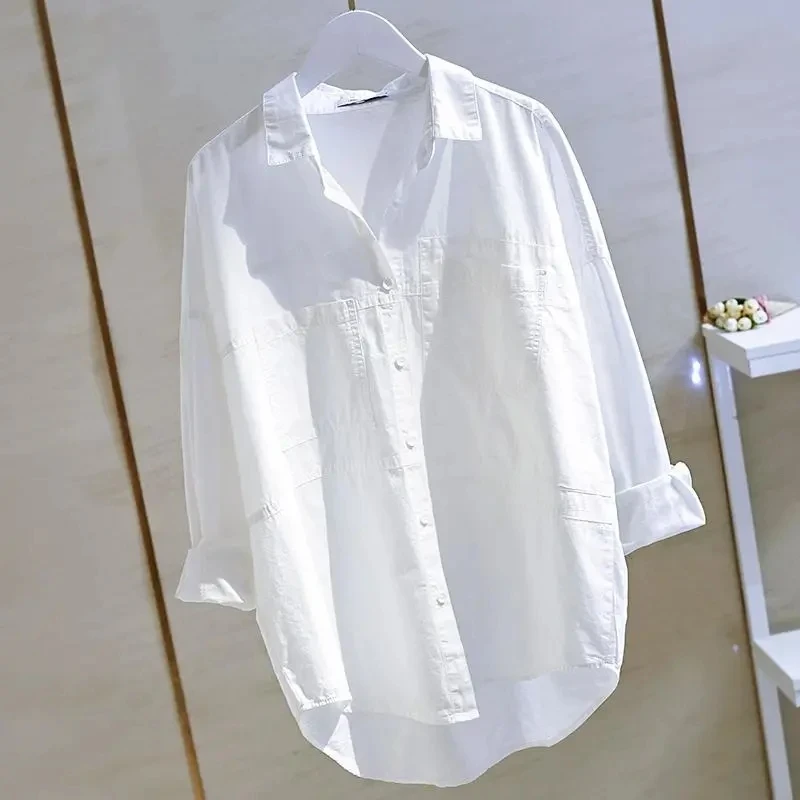 Solid Cotton White Shirt Women Long-sleeve Blouse Oversized Women Spring Autumn Tops Office Loose Casual Lapel Shirt Top Blusas