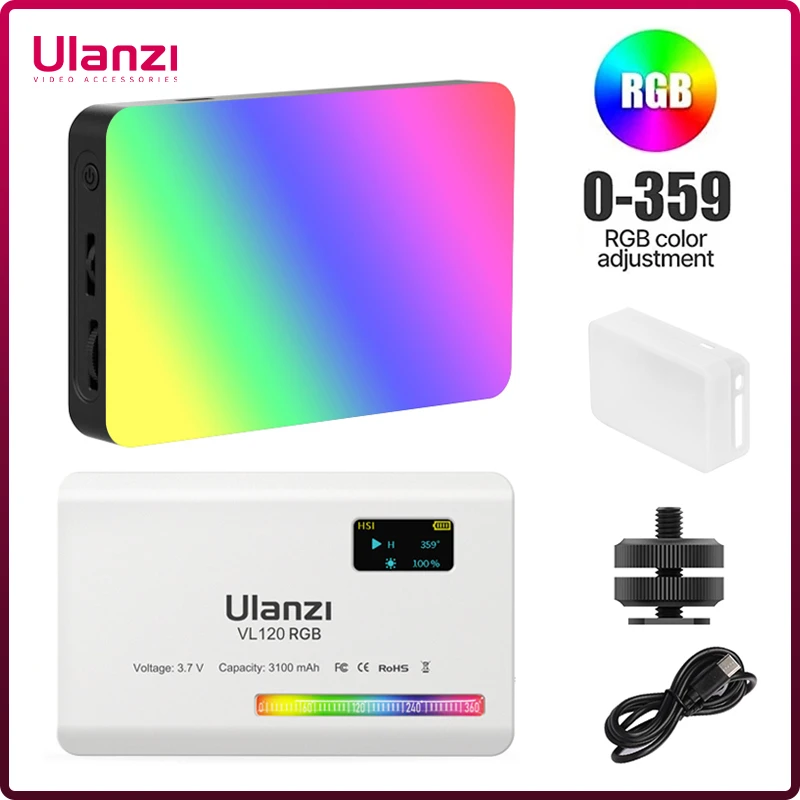 Ulanzi VL120 RGB Camera Light with Diffuser 2500-9000K CRI 95+ 3100mAh LED Video Light Panel for Camera Phone Photography Lights