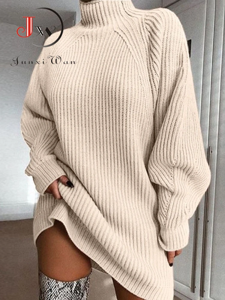 Women Turtleneck Oversized Knitted Dress Autumn Solid Long Sleeve Casual Elegant Mini Sweater Dress Plus Size Winter Clothes