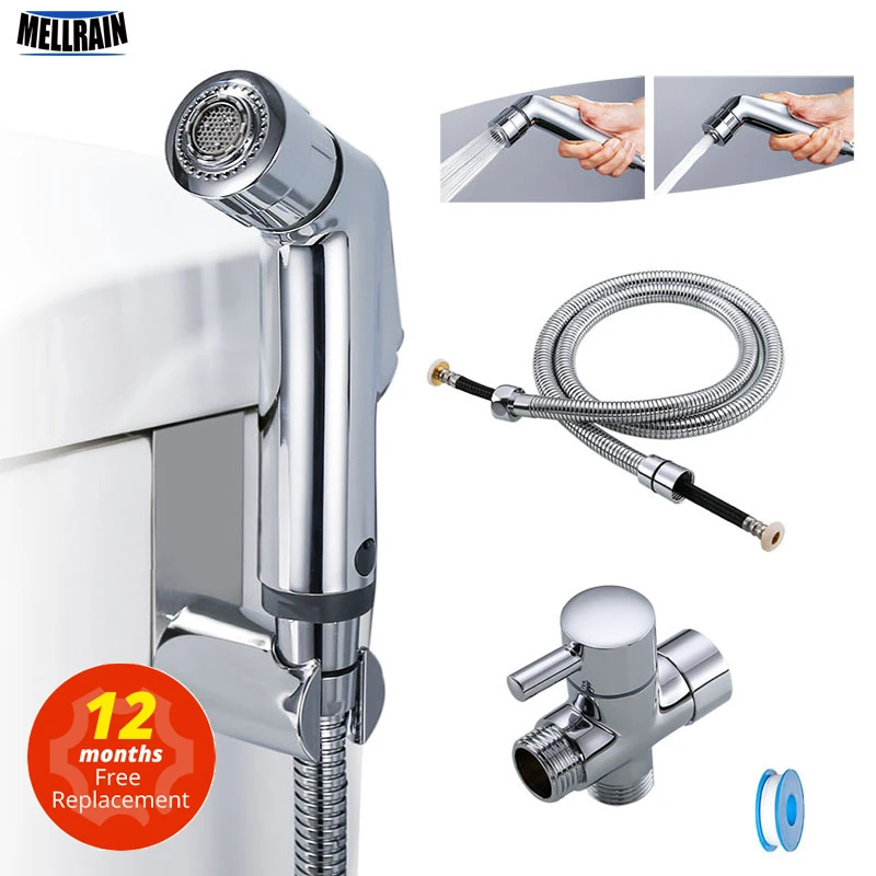 Two function toilet hand bidet faucet bathroom bidet shower sprayer brass T adapter 1.2m hose tank hooked  holder easy install
