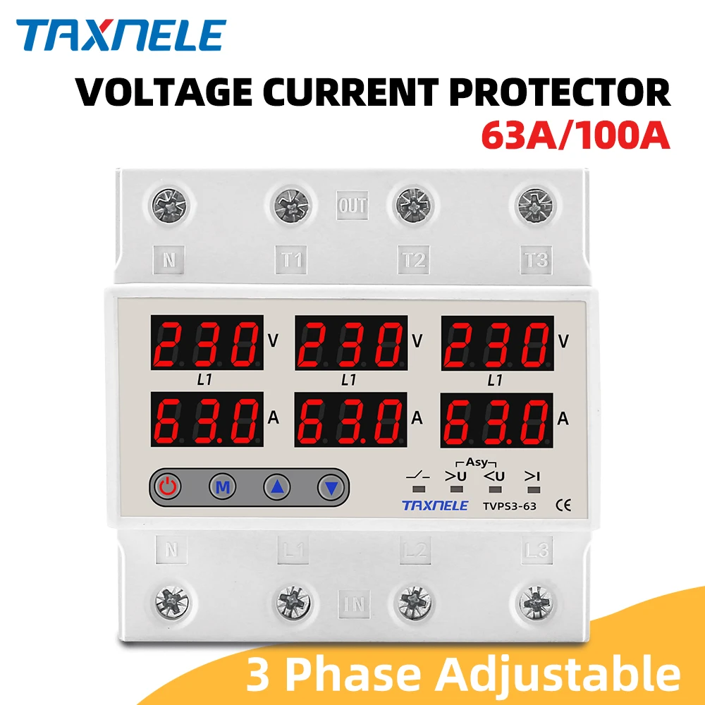 3 three phase Voltage Current Relay Protector 100A 63A 60A 220V 3P Over Under Voltage Relay Current limiter adjustable  protect