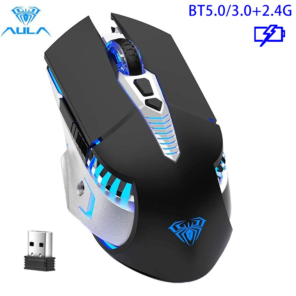 Bluetooth Wireless Gaming Mouse Rechargeable, Multi-Device(BT5.0/3.0+2.4G) LED Mouse Gamer for PC Laptop Mac iPad Tablet