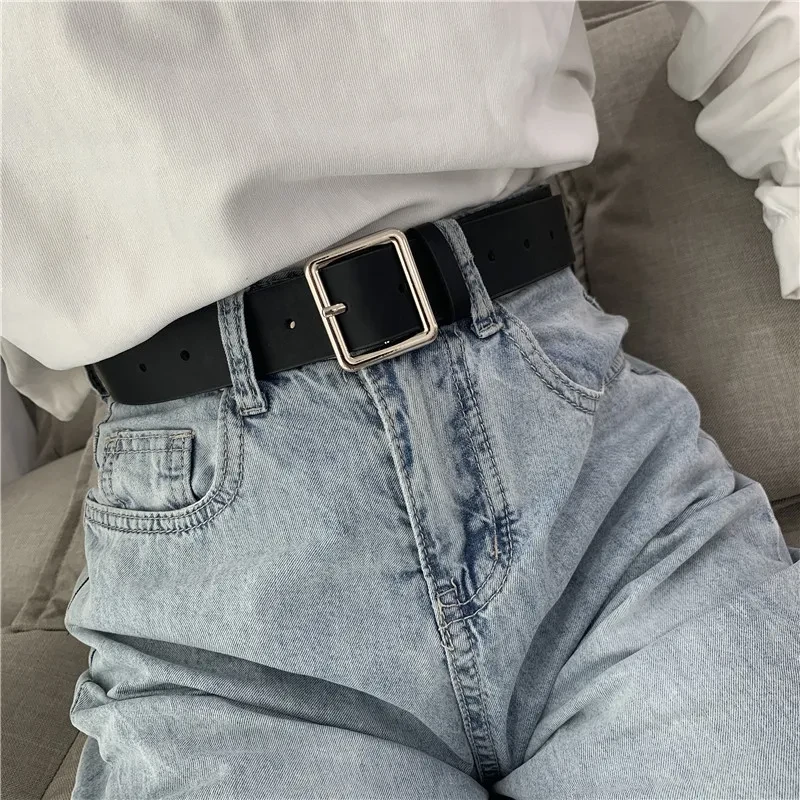 PU Leather Belts for Women Square Buckle Pin Buckle Jeans Black Belt Chic Luxury Brand Ladies Vintage Strap Female Waistband