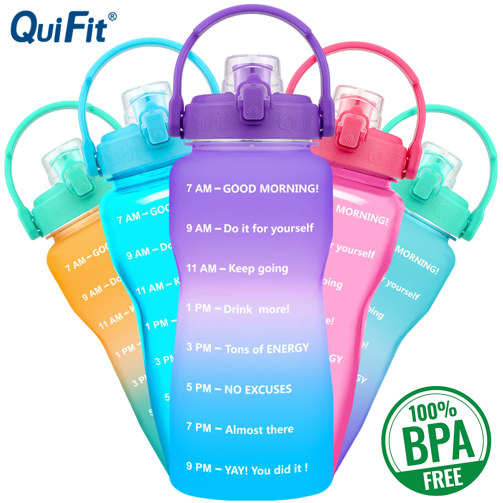 QuiFit 2L 64OZ 3.8L 128OZ Motivational Water Bottle With Time Marker Flip-Flop BPA Free Portable Sports Phone Stand GYM Jug